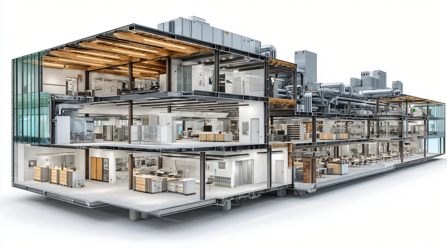 PfG - Planungsbüro für Gebäudetechnik - Schnittdarstellung des Kernbereichs eines Bürokomplexes mit Darstellung von Kältemaschinen im Keller, Lüftungsanlagen auf dem Dach, vertikalen Zu- und Abluftkanälen innerhalb der Kernwände sowie Versorgungskorridoren mit linearer Decke