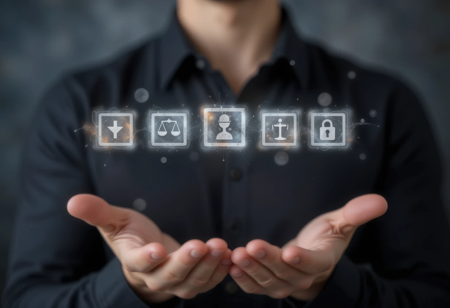 PfG - Planungsbüro für Gebäudetechnik - Governance- und Compliance-Konzept, dargestellt auf dunklem Hintergrund mit Händen